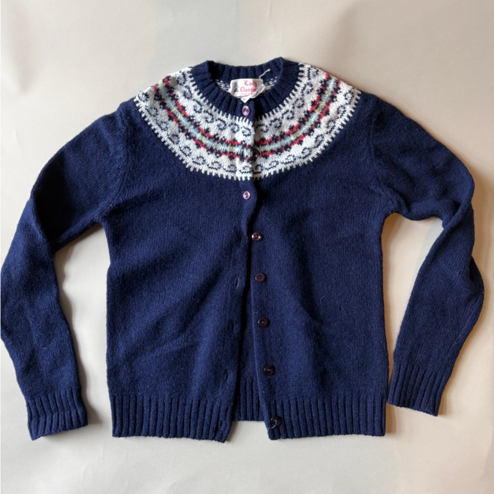 Vintage Navy Cardigan with Patterned Yoke